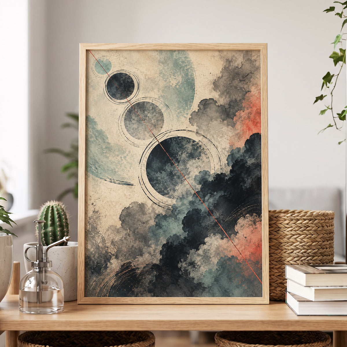 Ember Orbit, beige, black, blue abstract wall art displayed in a styled interior, gallery view 2
