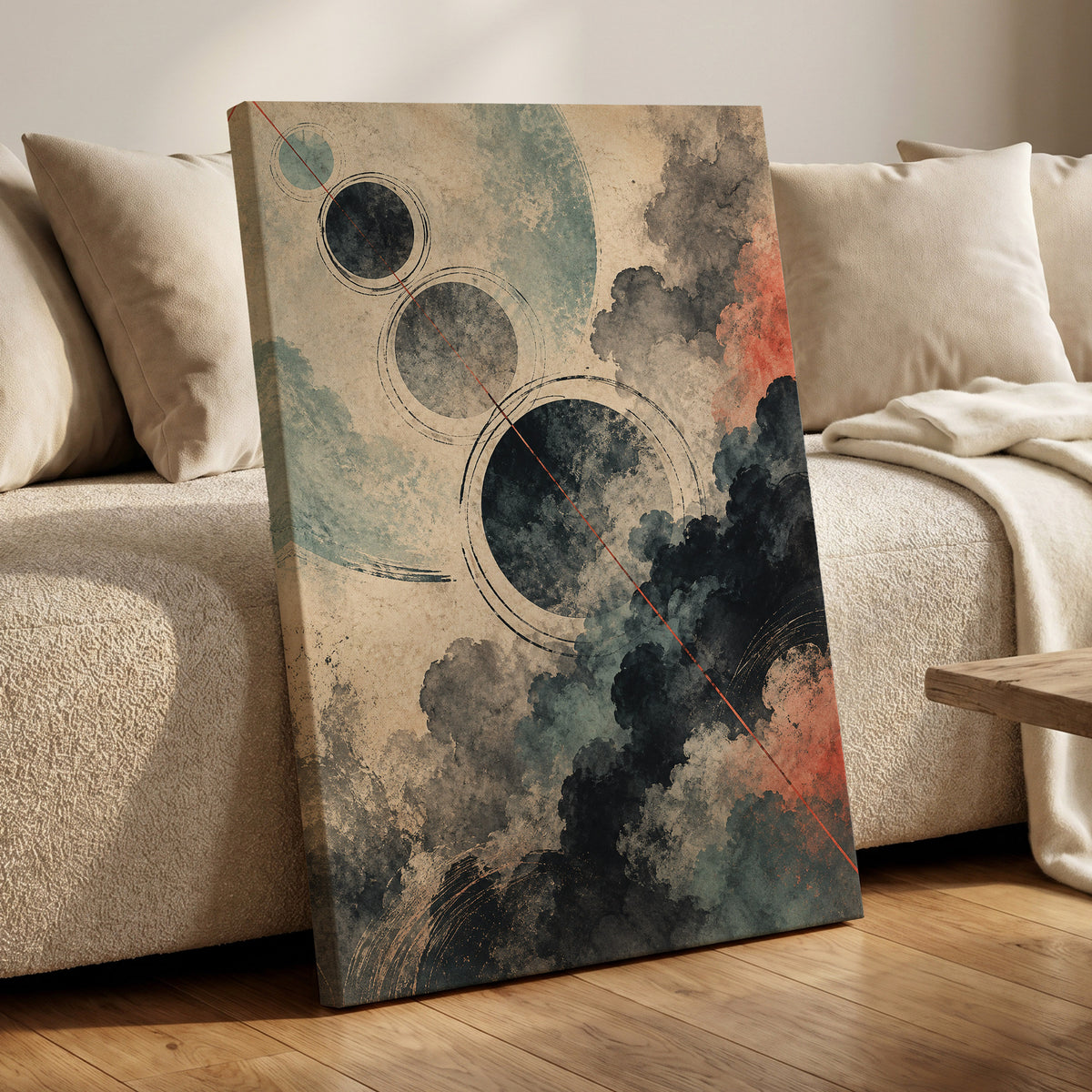 Ember Orbit, beige, black, blue abstract wall art displayed in a styled interior, gallery view 3