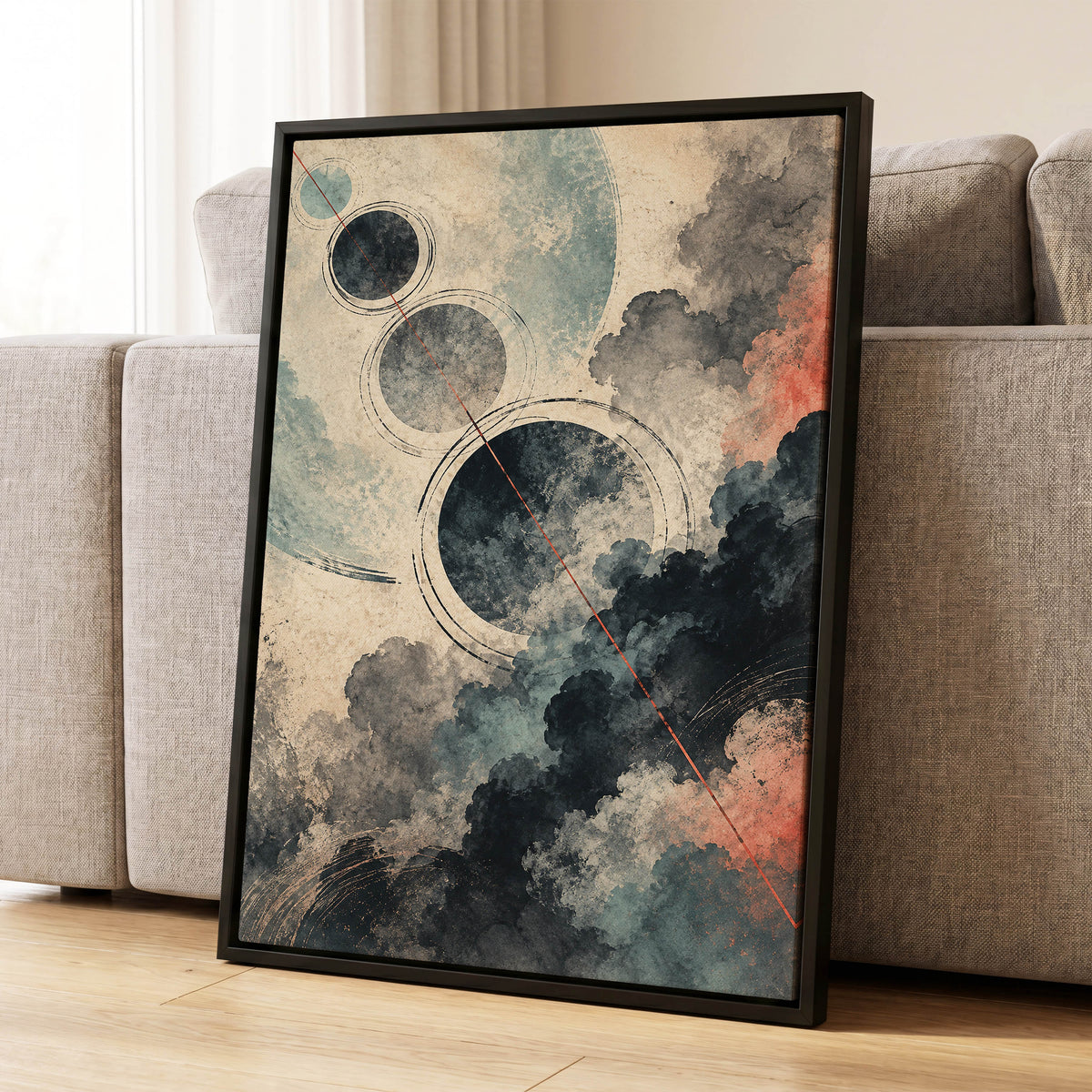 Ember Orbit, beige, black, blue abstract wall art displayed in a styled interior, gallery view 4