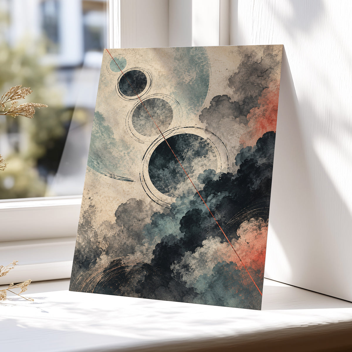 Ember Orbit, beige, black, blue abstract wall art displayed in a styled interior, gallery view 5