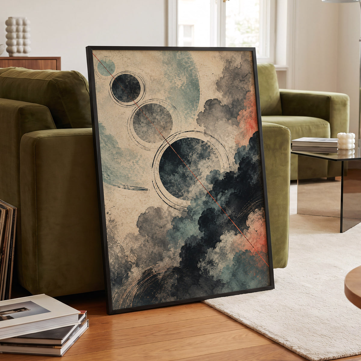 Ember Orbit, beige, black, blue abstract wall art displayed in a styled interior, gallery view 6