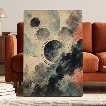 Ember Orbit, beige, black, blue abstract wall art displayed in a styled interior, gallery view 7