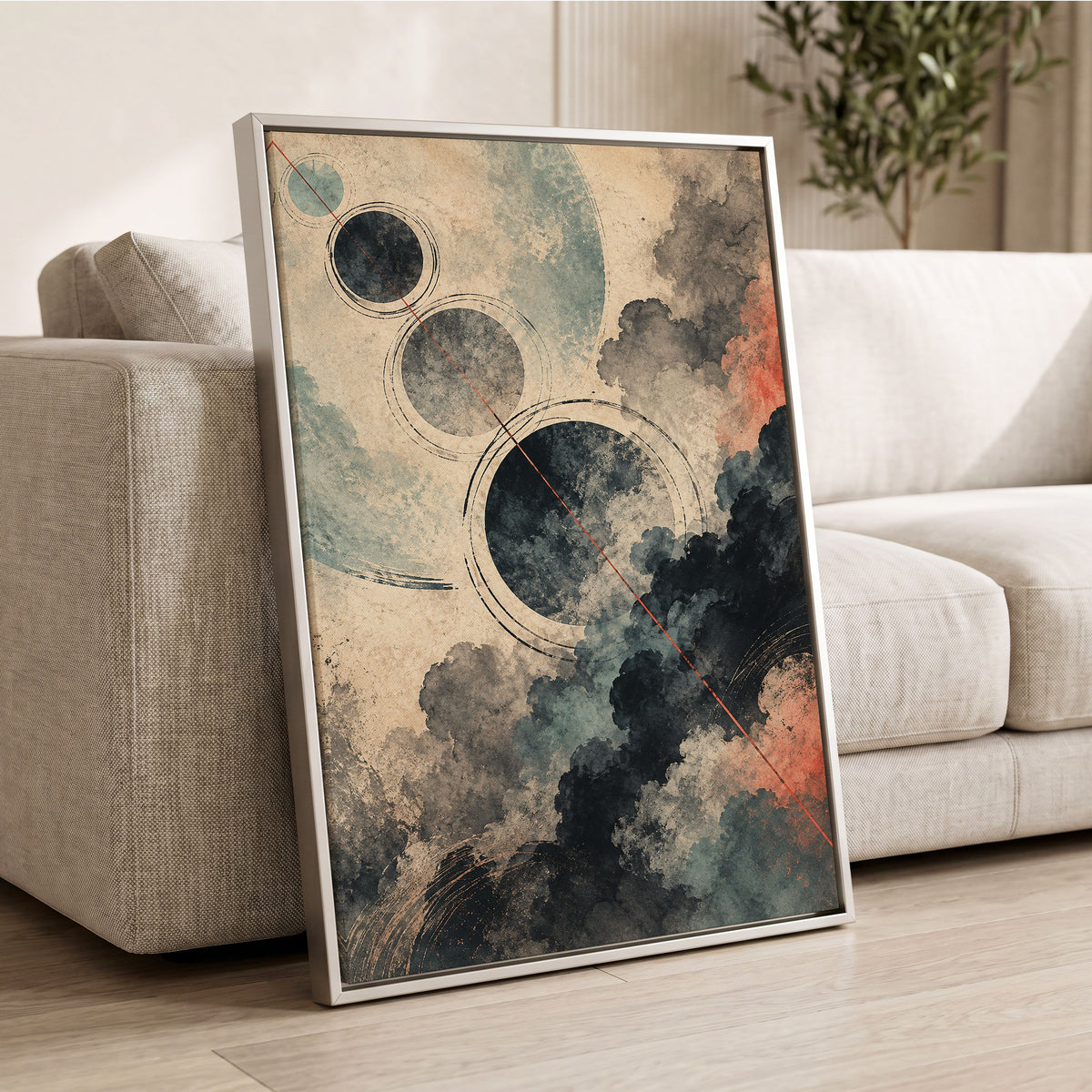 Ember Orbit, beige, black, blue abstract wall art displayed in a styled interior, gallery view 8