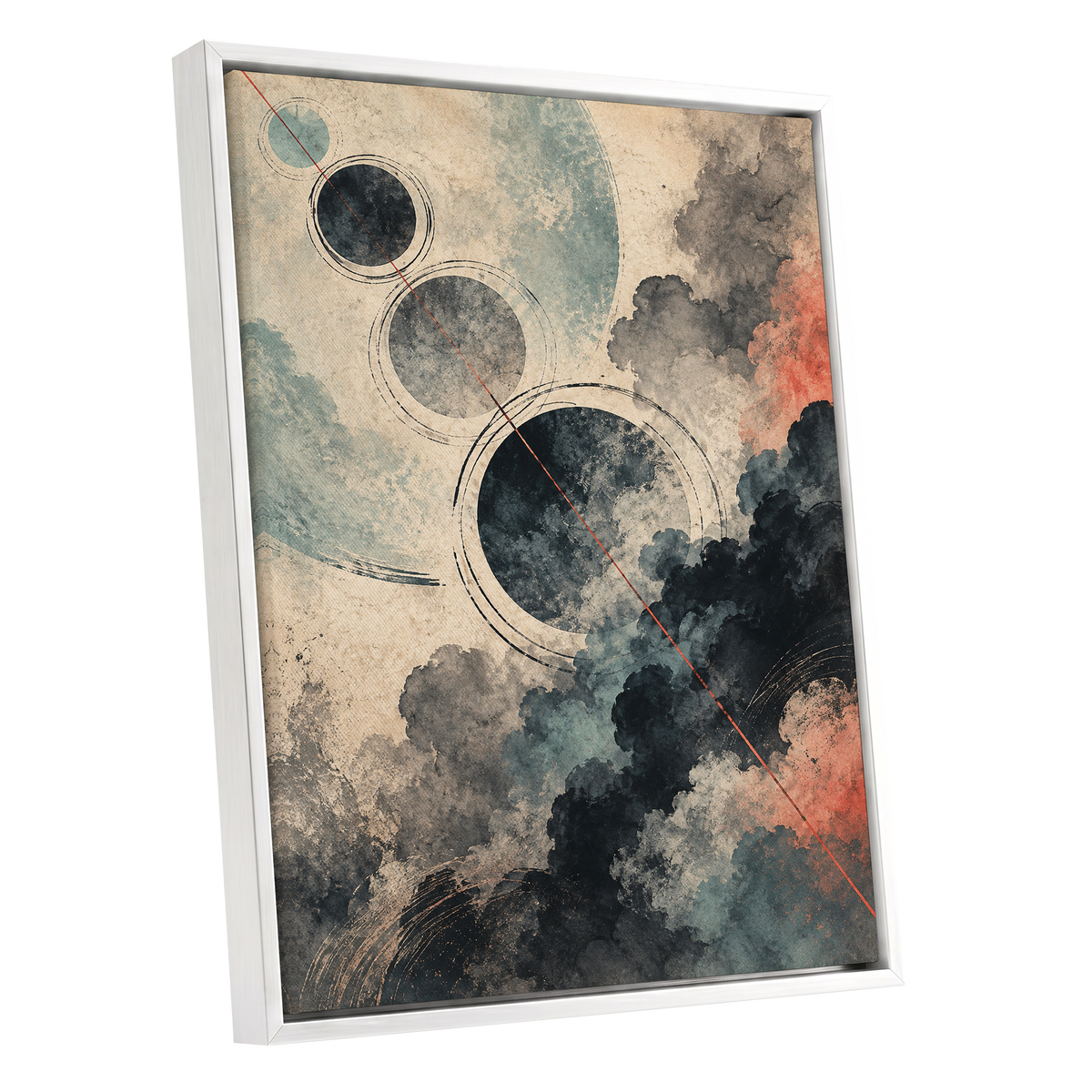 Ember Orbit, beige, black, blue abstract wall art shown as a white framed canvas wall art