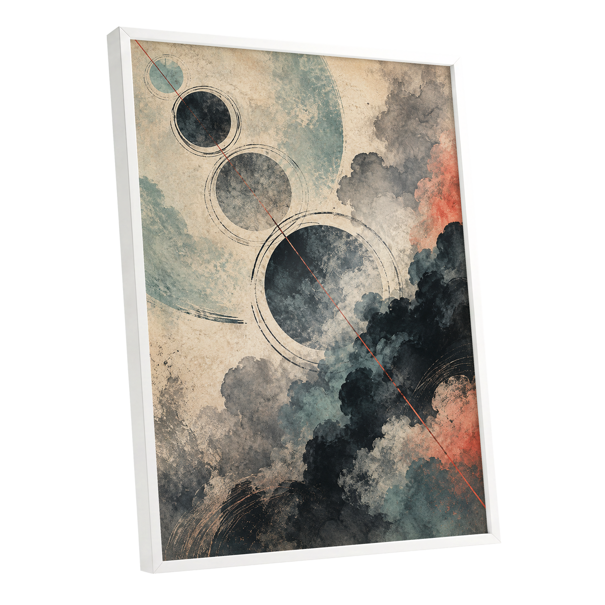 Ember Orbit, beige, black, blue abstract wall art shown as a white framed poster wall art print