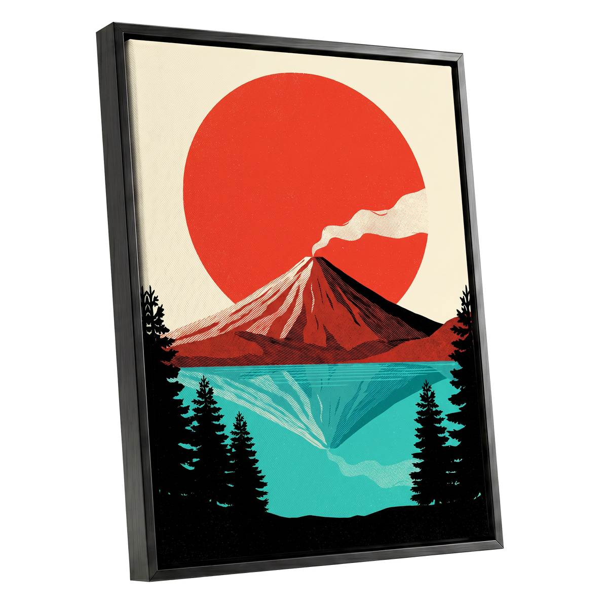 Ember over Stillwater, red, blue, black nature wall art shown as a black framed canvas wall art