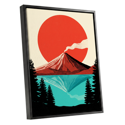Ember over Stillwater, red, blue, black nature wall art shown as a black framed canvas wall art