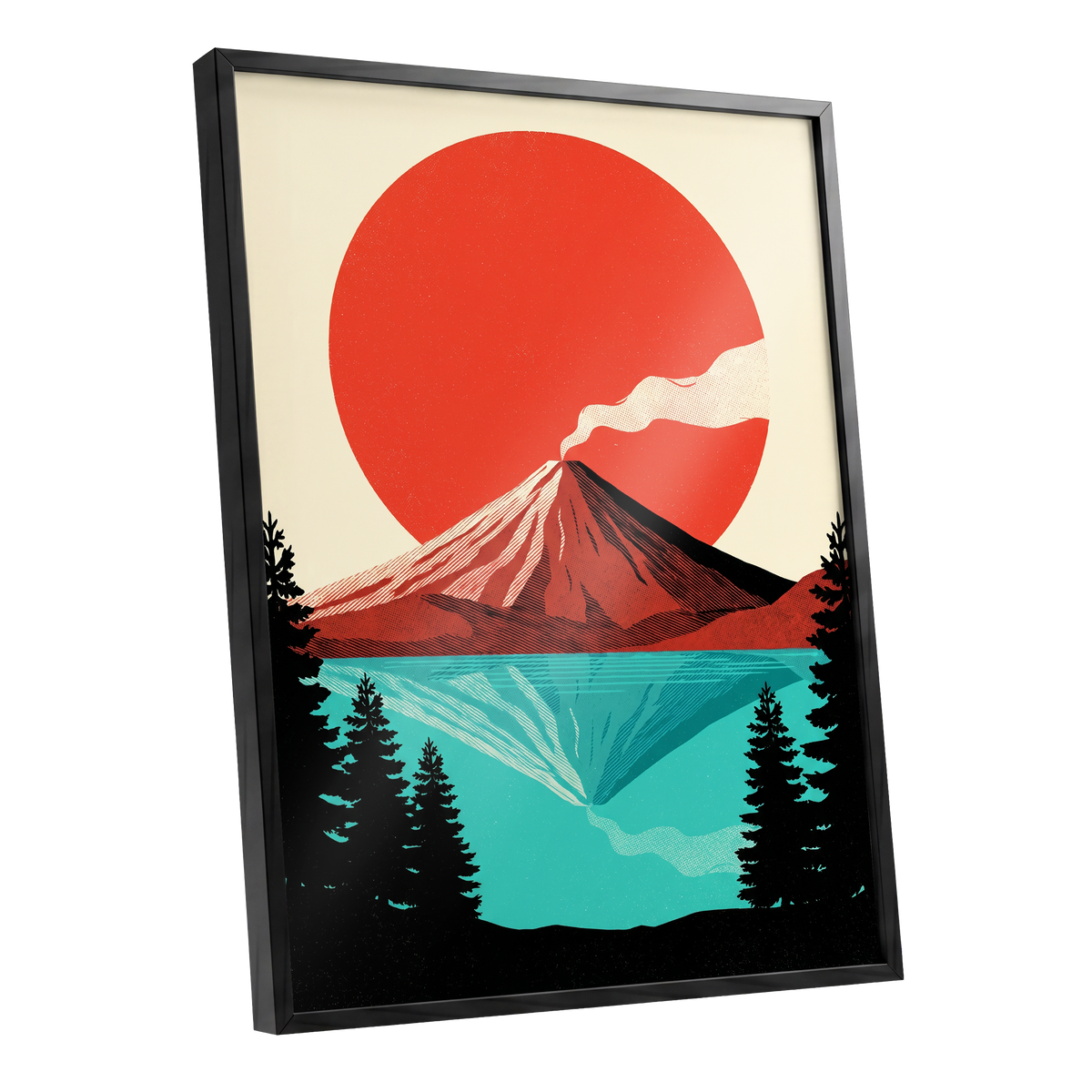 Ember over Stillwater, red, blue, black nature wall art shown as a black framed poster wall art print