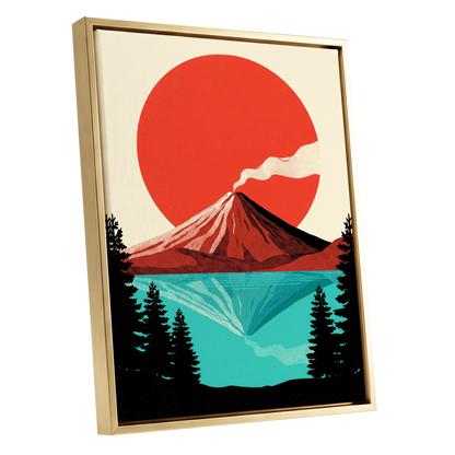 Ember over Stillwater, red, blue, black nature wall art shown as a gold framed canvas wall art