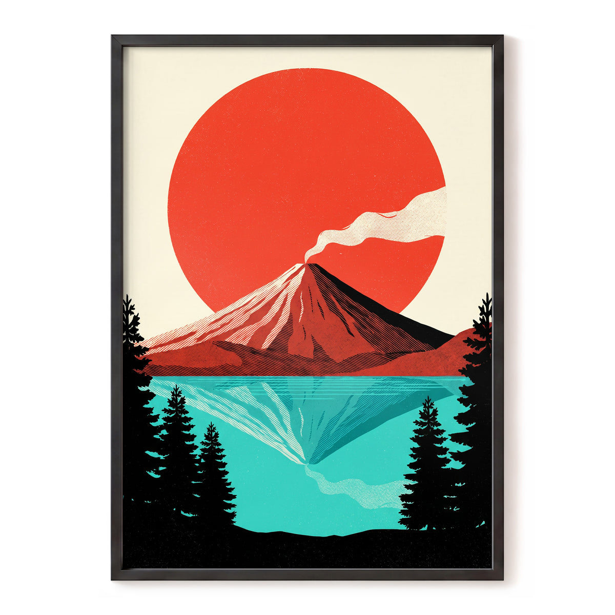 Ember over Stillwater, red, blue, black nature wall art, front artwork view