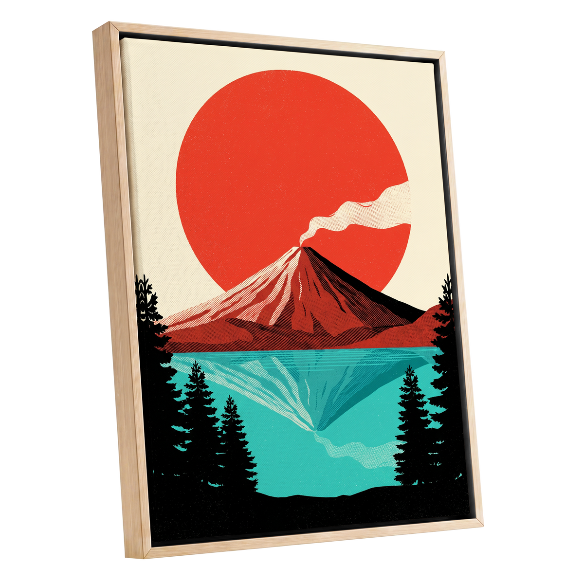 Ember over Stillwater, red, blue, black nature wall art shown as a oak framed canvas wall art