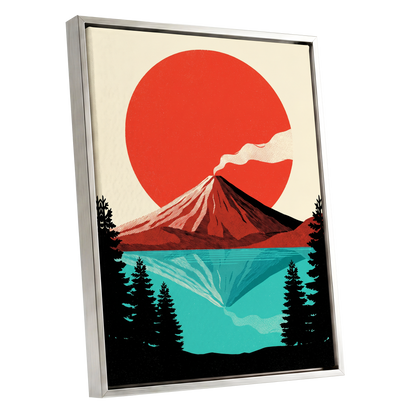 Ember over Stillwater, red, blue, black nature wall art shown as a silver framed canvas wall art
