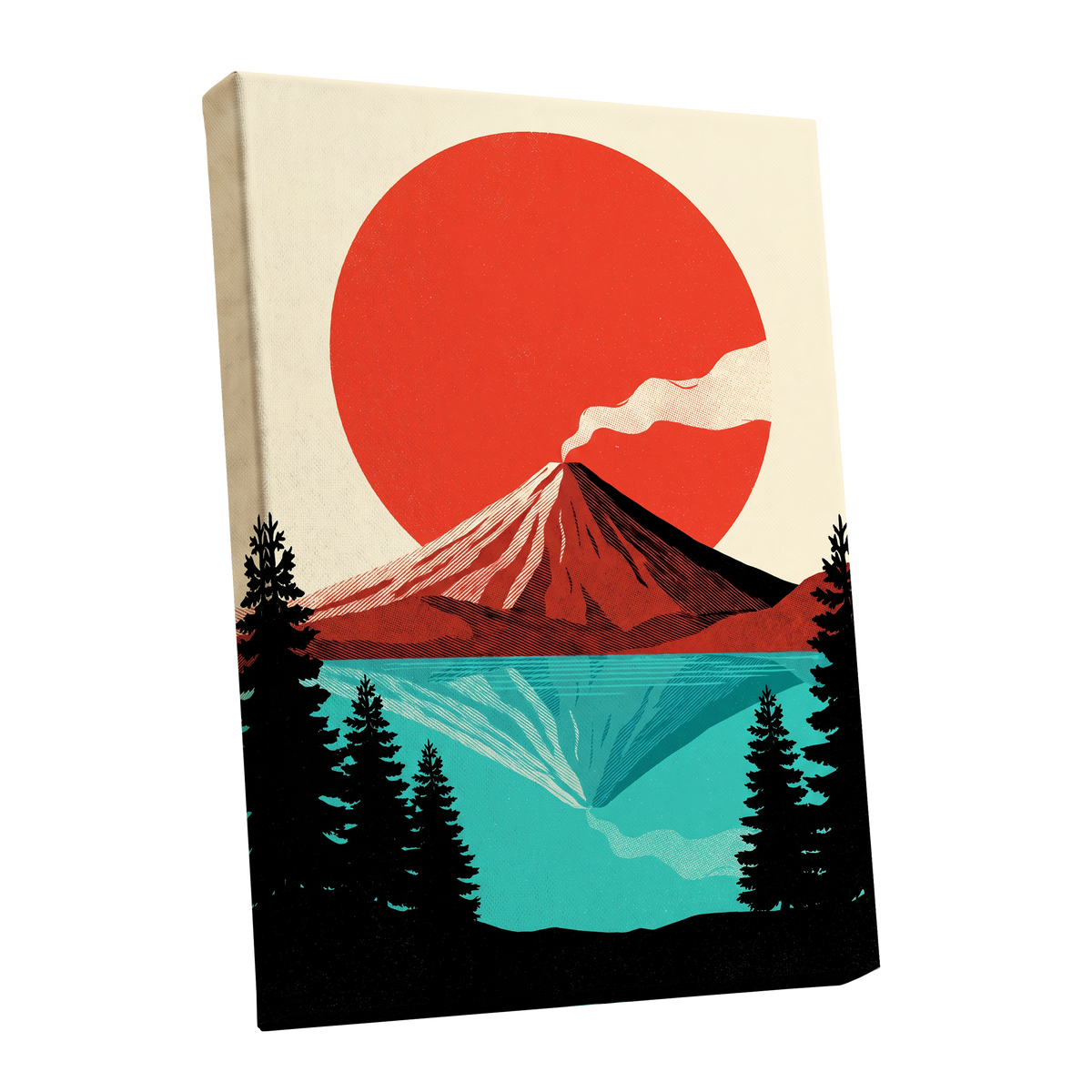 Ember over Stillwater, red, blue, black nature wall art shown as a stretched canvas wall art