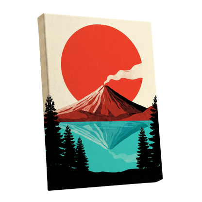 Ember over Stillwater, red, blue, black nature wall art shown as a stretched canvas wall art