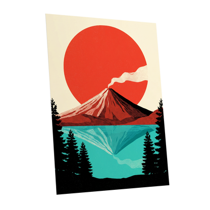 Ember over Stillwater, red, blue, black nature wall art shown as a unframed poster wall art print