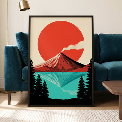 Ember over Stillwater, red, blue, black nature wall art displayed in a styled interior, gallery view 2