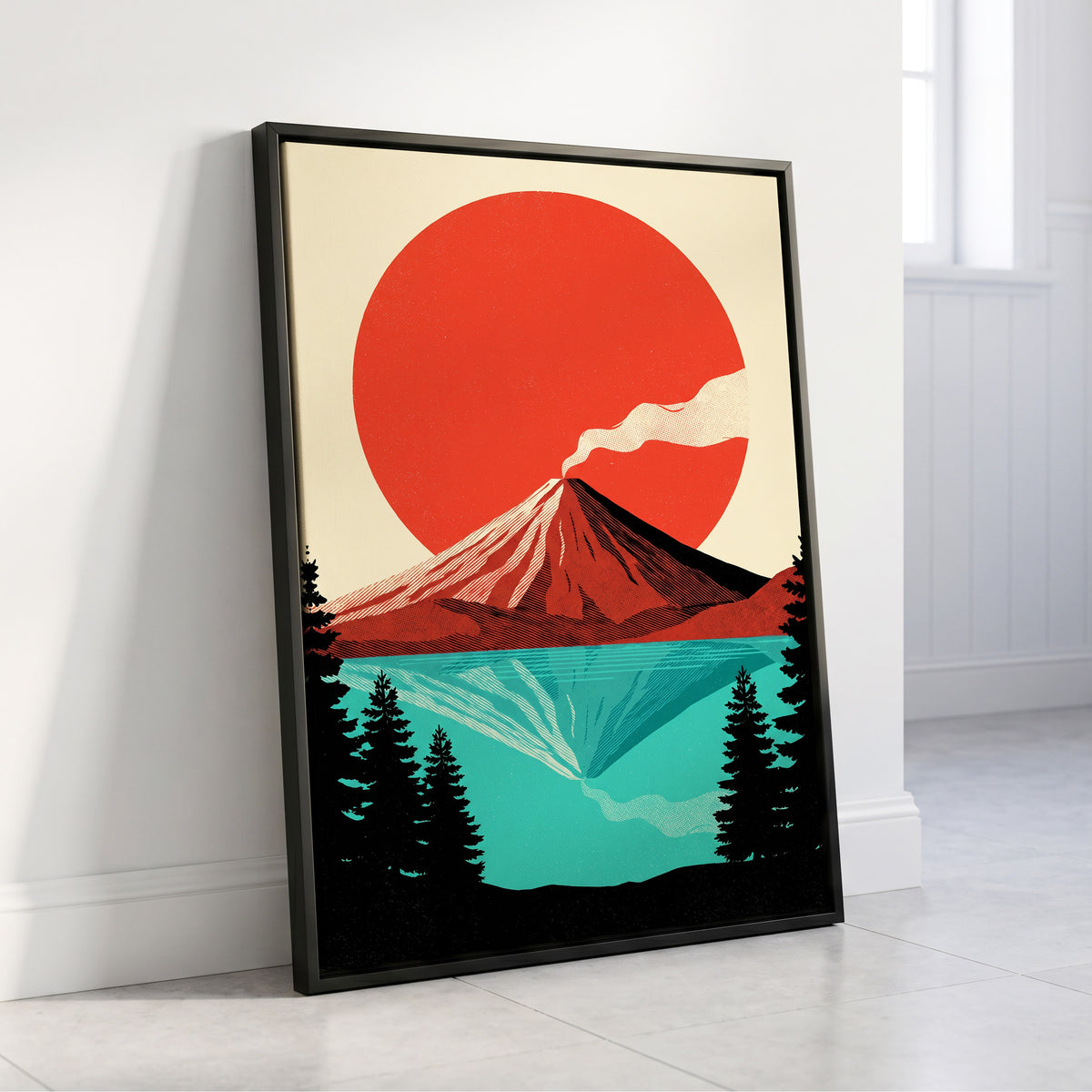 Ember over Stillwater, red, blue, black nature wall art displayed in a styled interior, gallery view 4