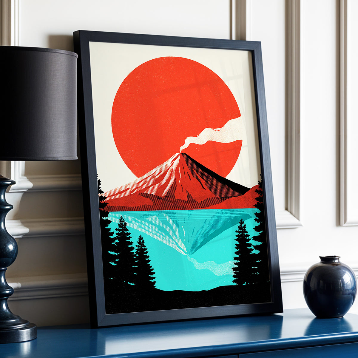 Ember over Stillwater, red, blue, black nature wall art displayed in a styled interior, gallery view 6