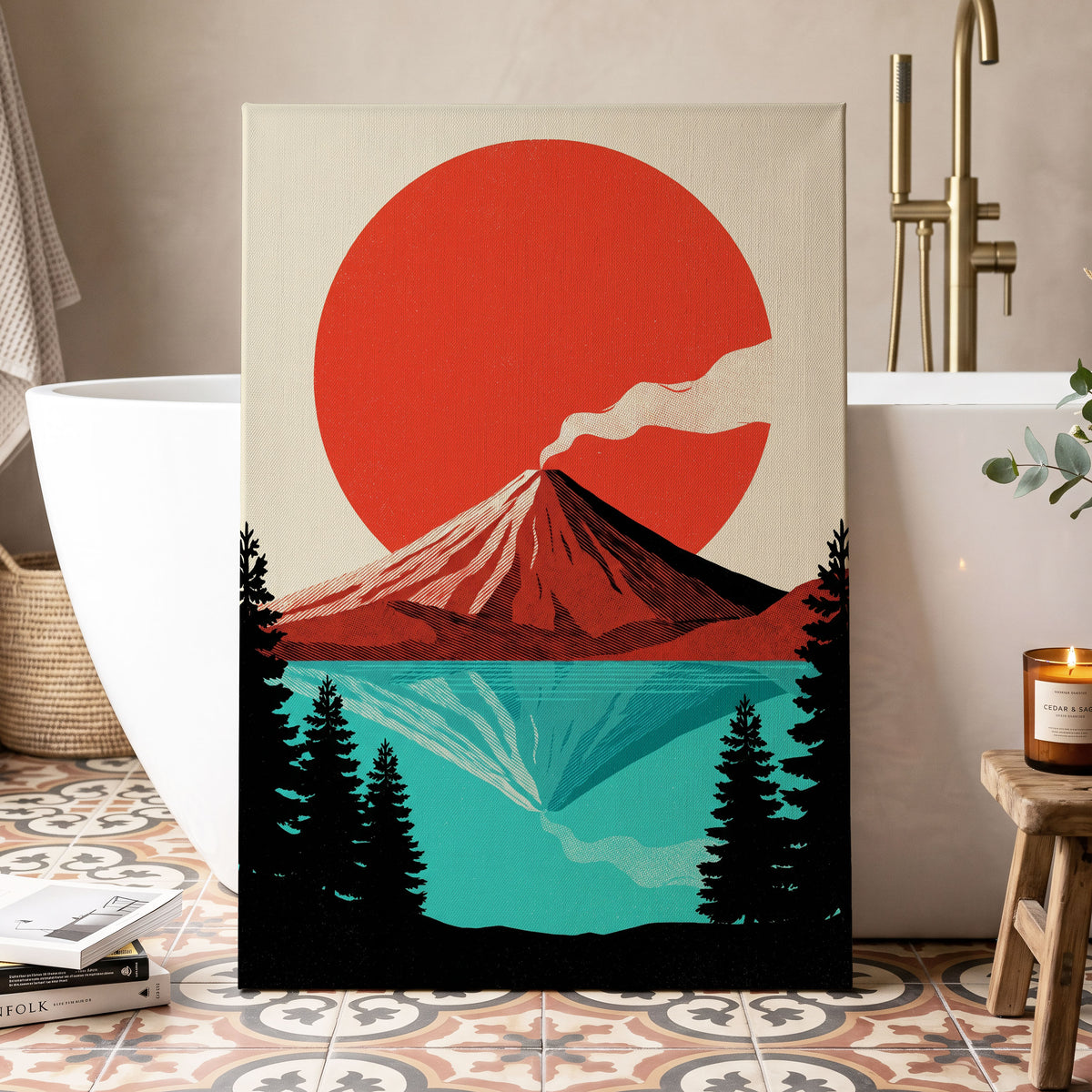 Ember over Stillwater, red, blue, black nature wall art displayed in a styled interior, gallery view 7