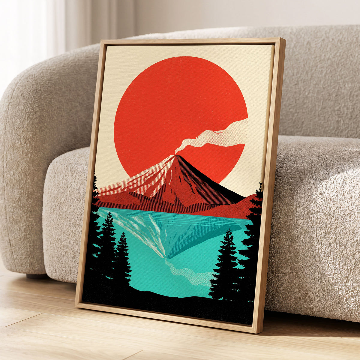 Ember over Stillwater, red, blue, black nature wall art displayed in a styled interior, gallery view 8