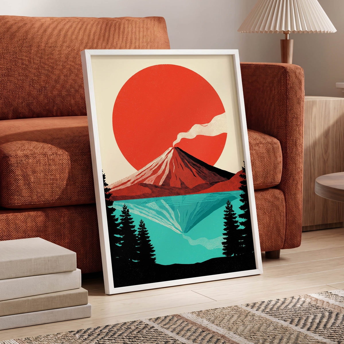 Ember over Stillwater, red, blue, black nature wall art displayed in a styled interior, gallery view 9