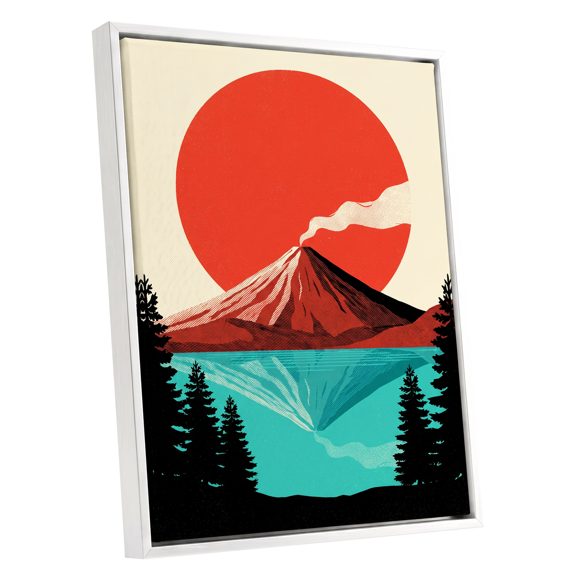 Ember over Stillwater, red, blue, black nature wall art shown as a white framed canvas wall art