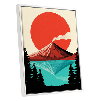 Ember over Stillwater, red, blue, black nature wall art shown as a white framed canvas wall art