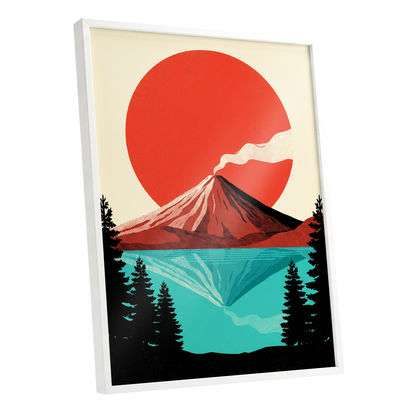 Ember over Stillwater, red, blue, black nature wall art shown as a white framed poster wall art print