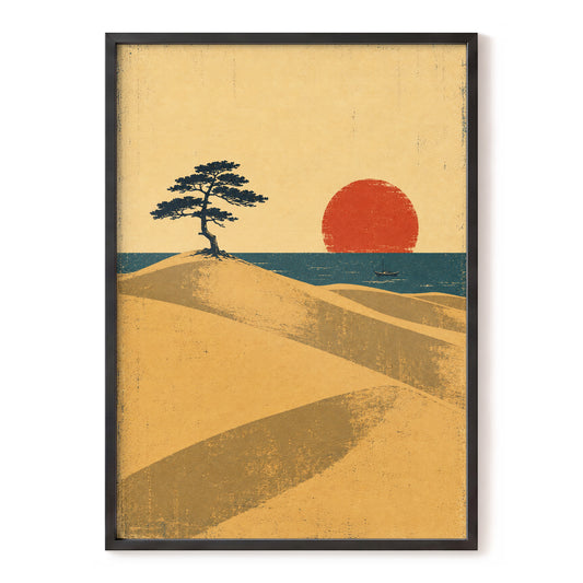 Ember Over the Dunes, gold, blue, black nature wall art, front artwork view