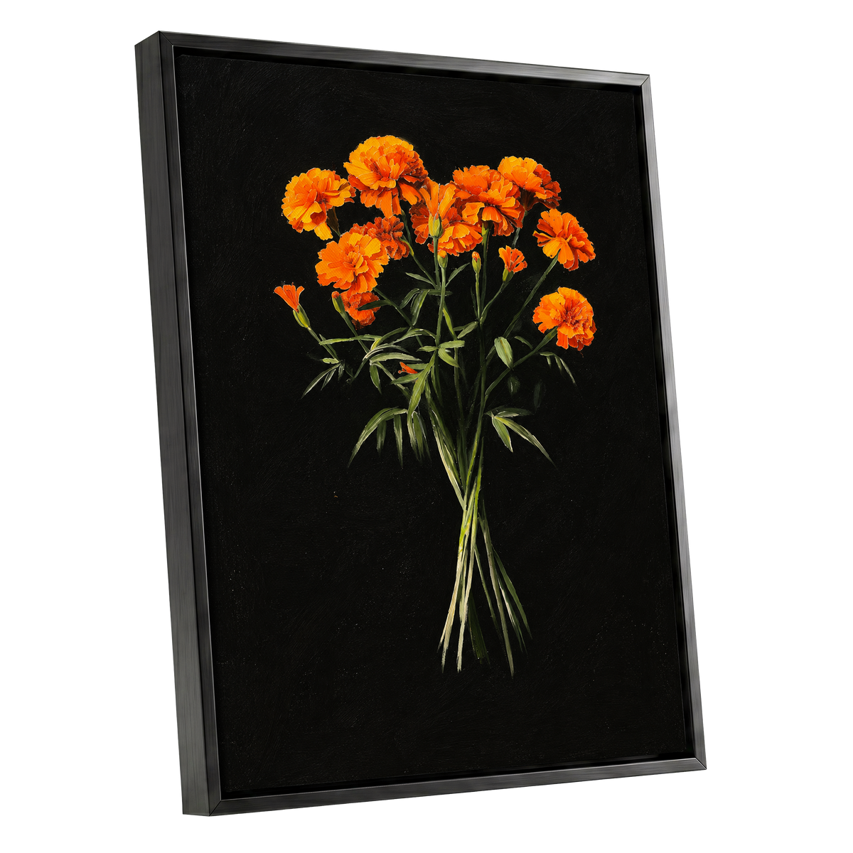 Ember Petal Bouquet, black, orange, green floral wall art shown as a black framed canvas wall art