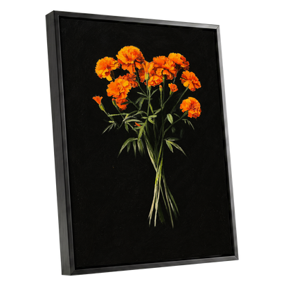 Ember Petal Bouquet, black, orange, green floral wall art shown as a black framed canvas wall art