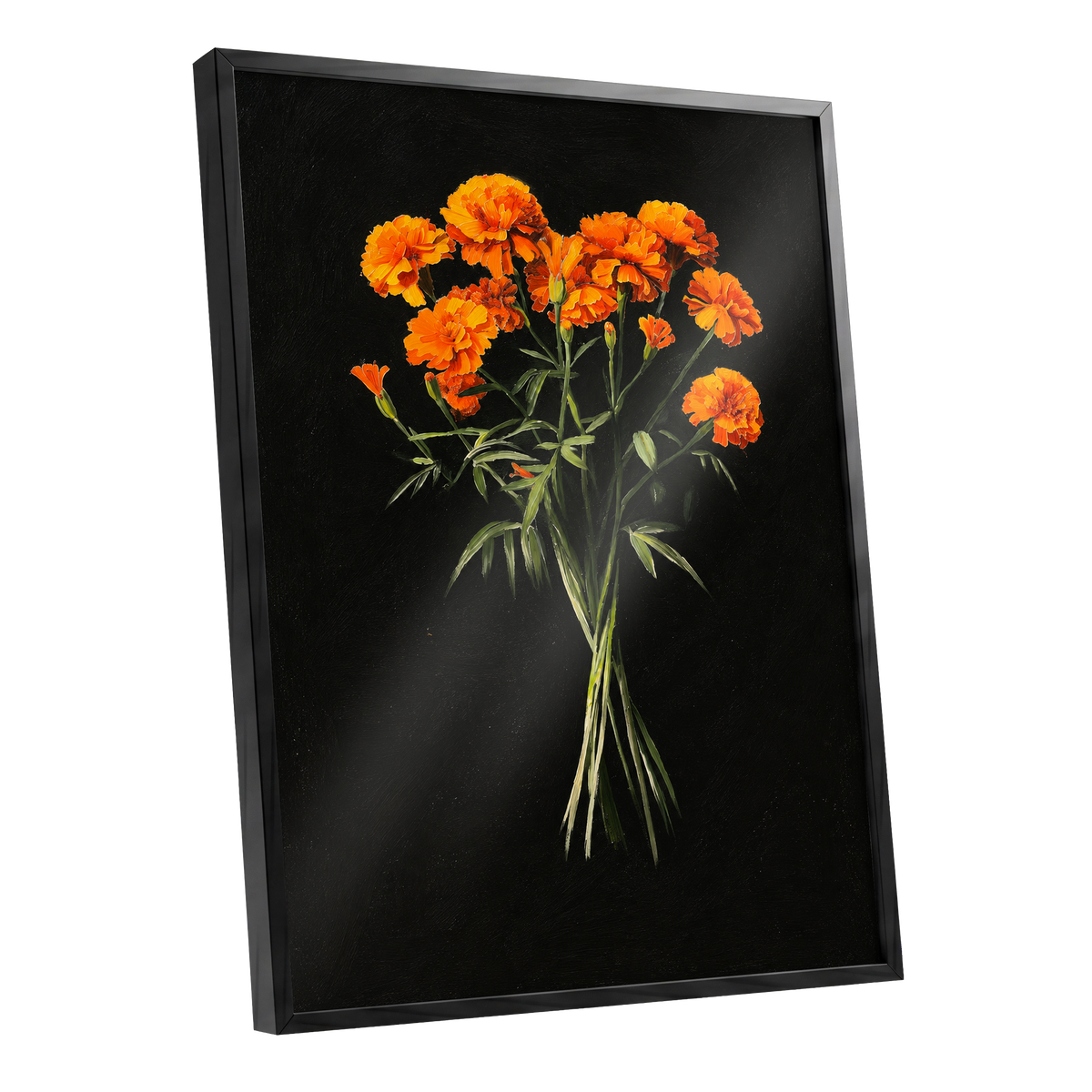 Ember Petal Bouquet, black, orange, green floral wall art shown as a black framed poster wall art print