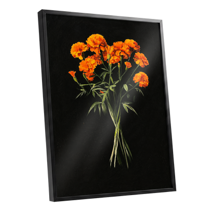 Ember Petal Bouquet, black, orange, green floral wall art shown as a black framed poster wall art print