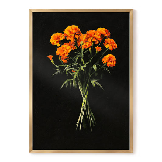 Ember Petal Bouquet, black, orange, green floral wall art, front artwork view