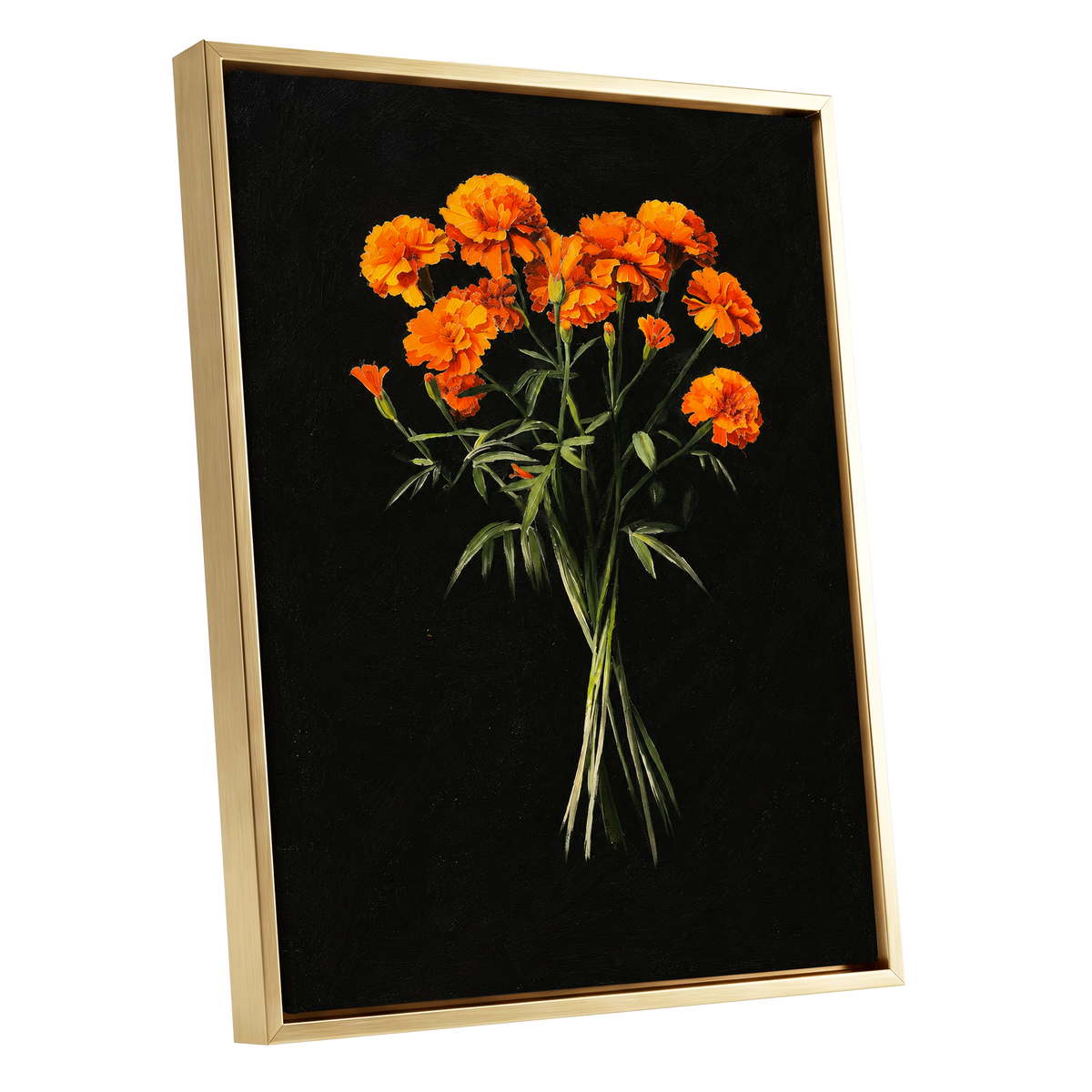 Ember Petal Bouquet, black, orange, green floral wall art shown as a gold framed canvas wall art