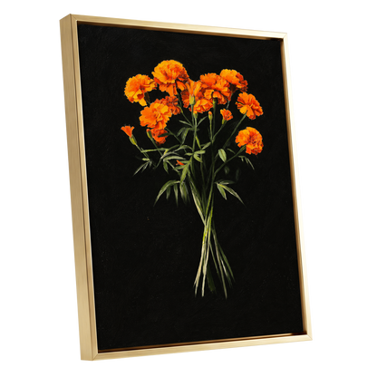 Ember Petal Bouquet, black, orange, green floral wall art shown as a gold framed canvas wall art