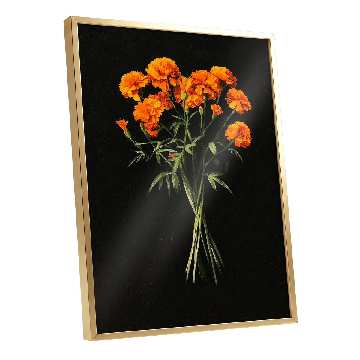 Ember Petal Bouquet, black, orange, green floral wall art shown as a gold framed poster wall art print