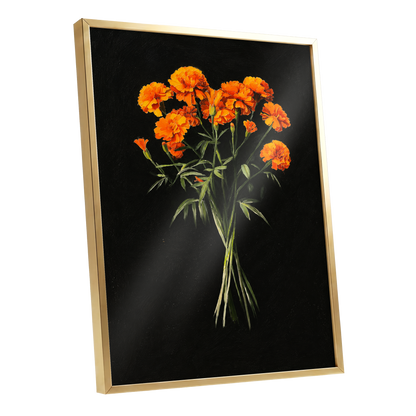 Ember Petal Bouquet, black, orange, green floral wall art shown as a gold framed poster wall art print