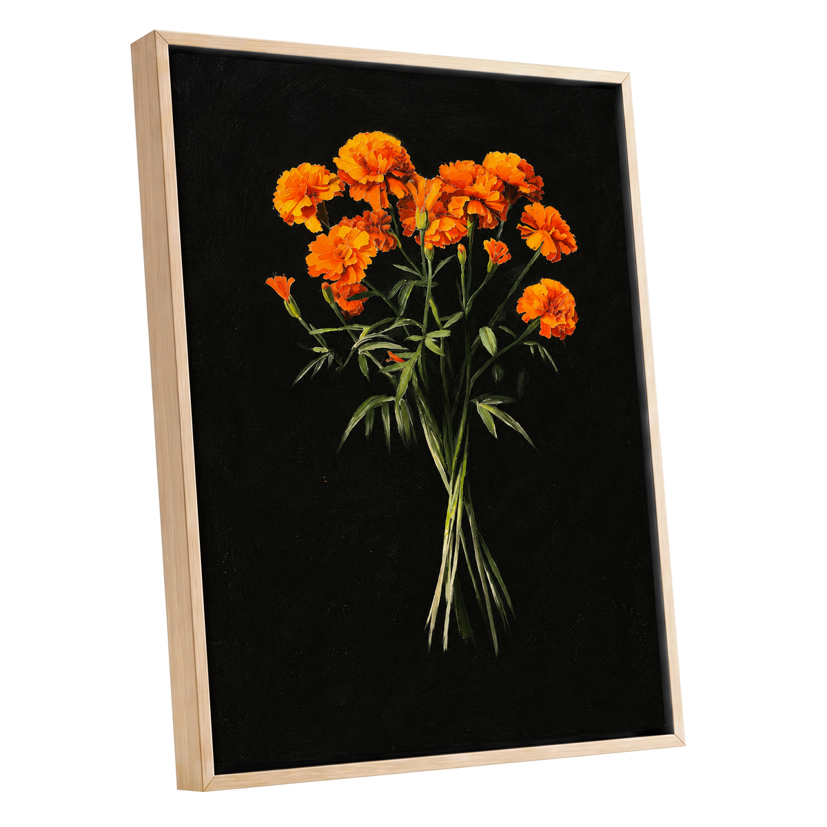 Ember Petal Bouquet, black, orange, green floral wall art shown as a oak framed canvas wall art