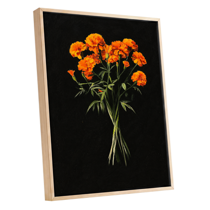 Ember Petal Bouquet, black, orange, green floral wall art shown as a oak framed canvas wall art