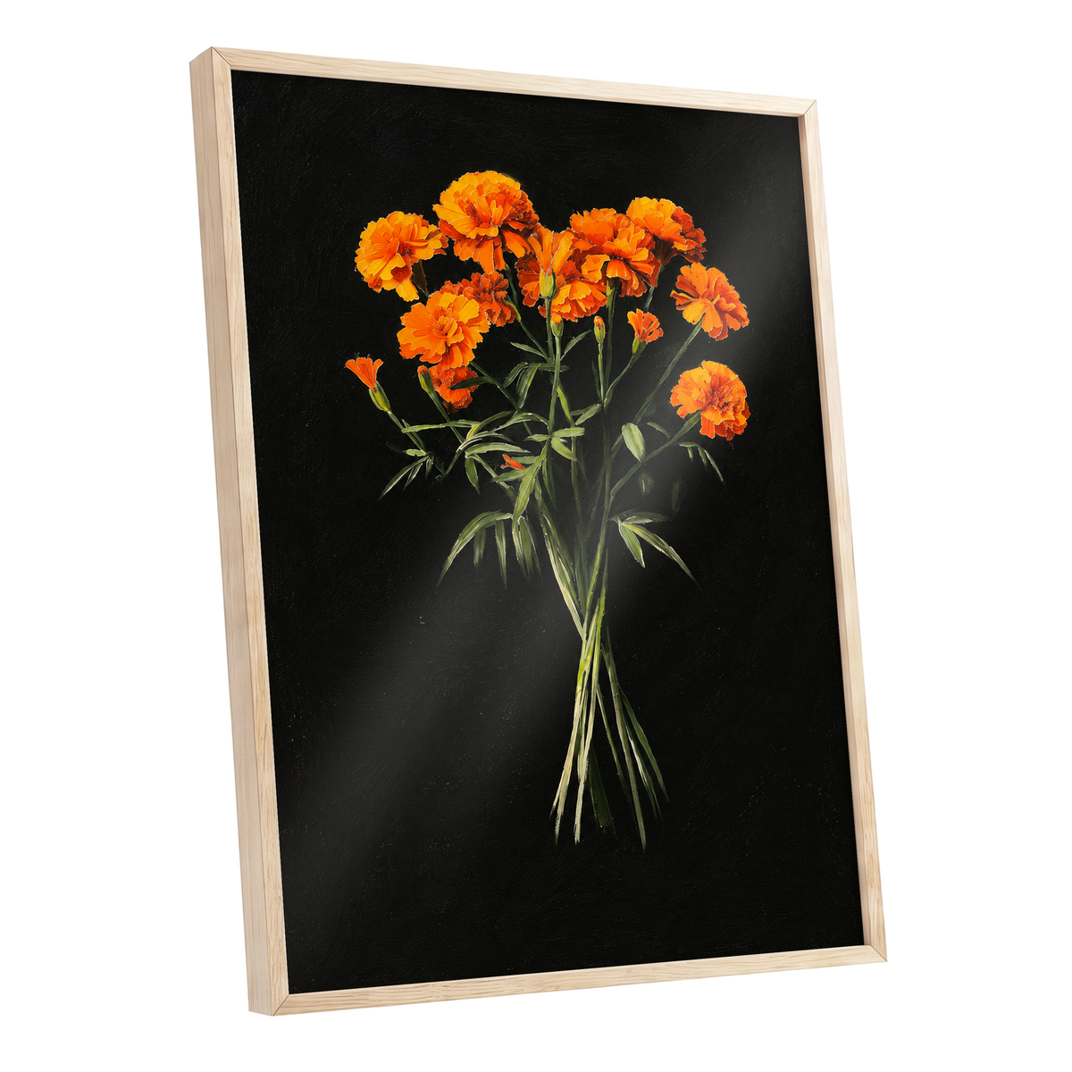 Ember Petal Bouquet, black, orange, green floral wall art shown as a oak framed poster wall art print