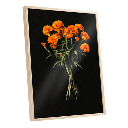 Ember Petal Bouquet, black, orange, green floral wall art shown as a oak framed poster wall art print