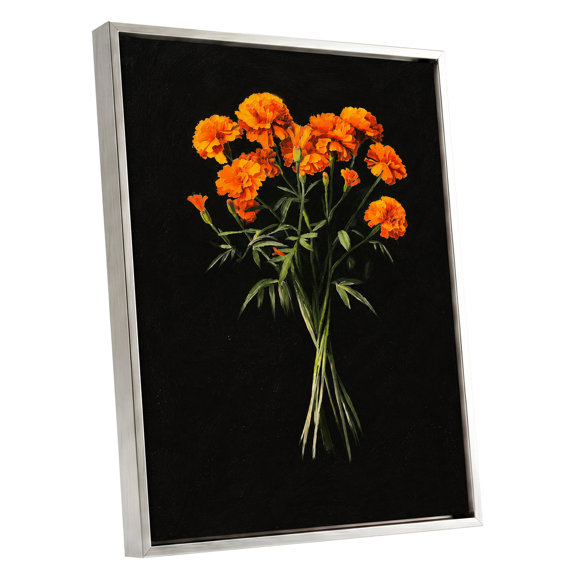 Ember Petal Bouquet, black, orange, green floral wall art shown as a silver framed canvas wall art