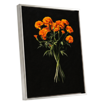 Ember Petal Bouquet, black, orange, green floral wall art shown as a silver framed canvas wall art