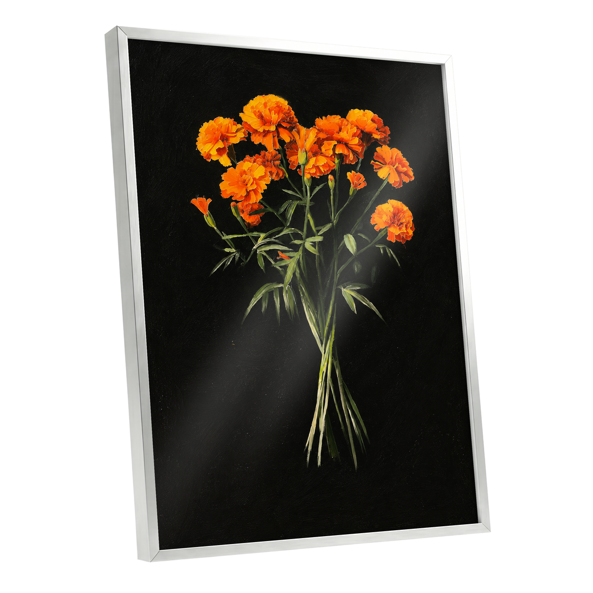 Ember Petal Bouquet, black, orange, green floral wall art shown as a silver framed poster wall art print