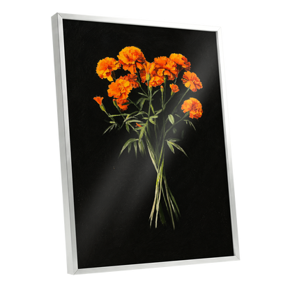 Ember Petal Bouquet, black, orange, green floral wall art shown as a silver framed poster wall art print