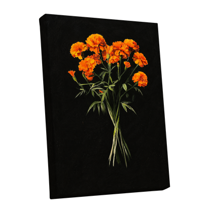 Ember Petal Bouquet, black, orange, green floral wall art shown as a stretched canvas wall art