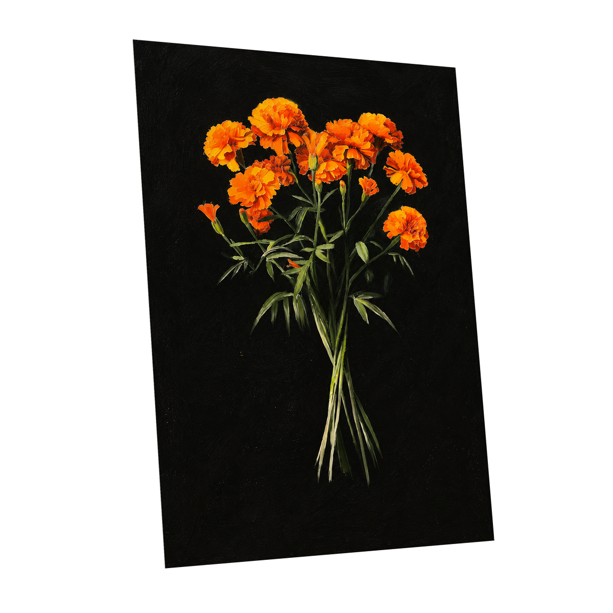 Ember Petal Bouquet, black, orange, green floral wall art shown as a unframed poster wall art print