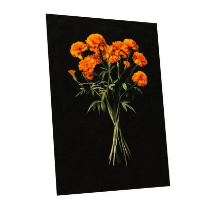 Ember Petal Bouquet, black, orange, green floral wall art shown as a unframed poster wall art print