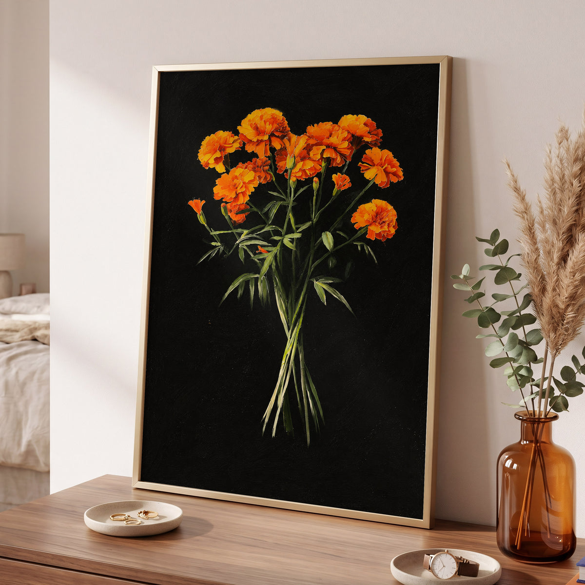 Ember Petal Bouquet, black, orange, green floral wall art displayed in a styled interior, gallery view 2